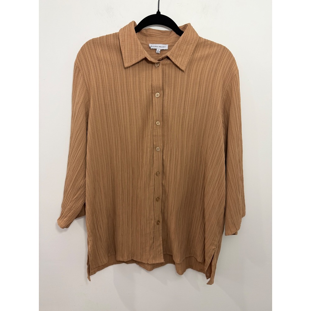 Runway Ready Camel Tan Crinkle Texture Button Down Shirt 3/4 Sleeve Large